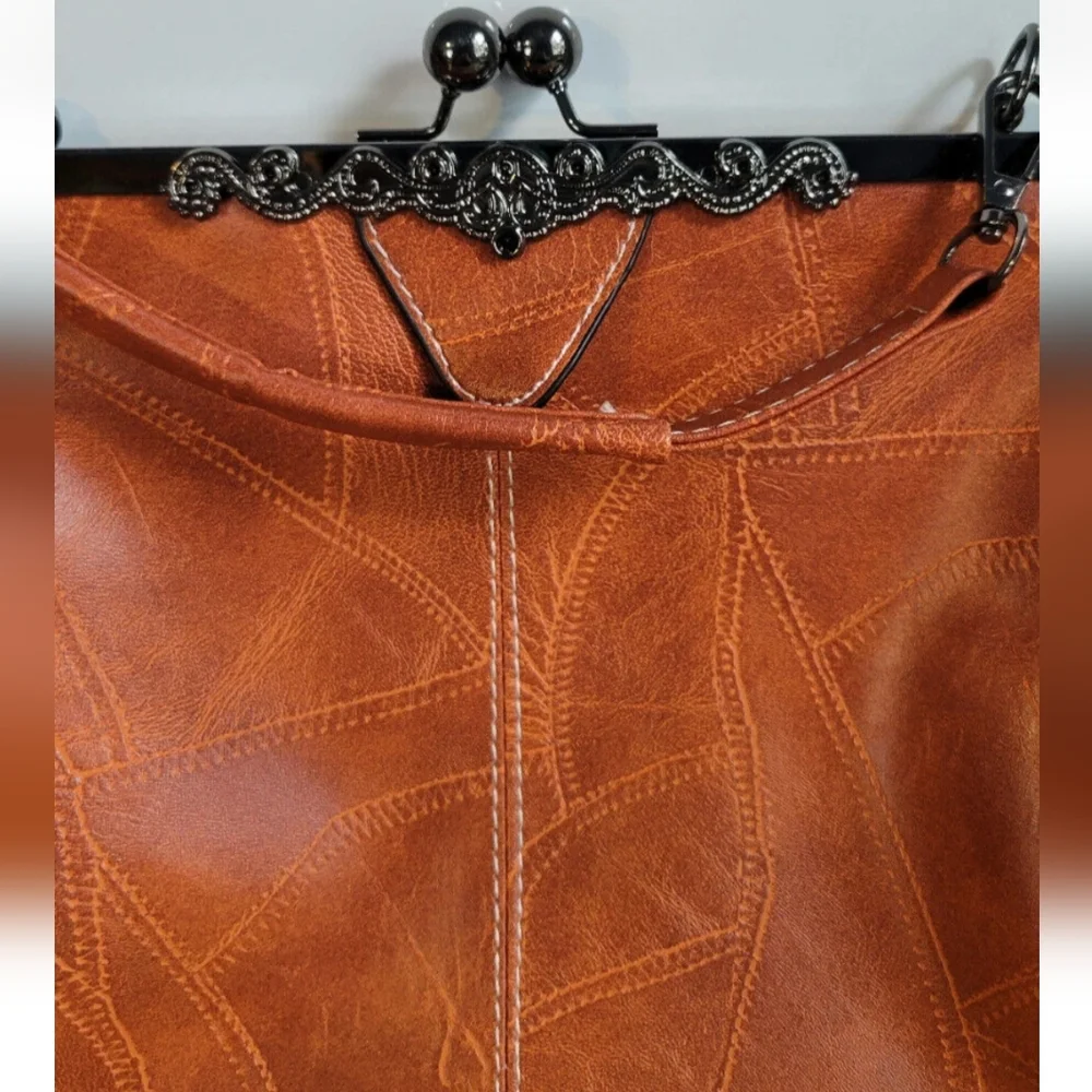 Kiss Clasp Closure Cognac Brown Crossbody Handbag Purse